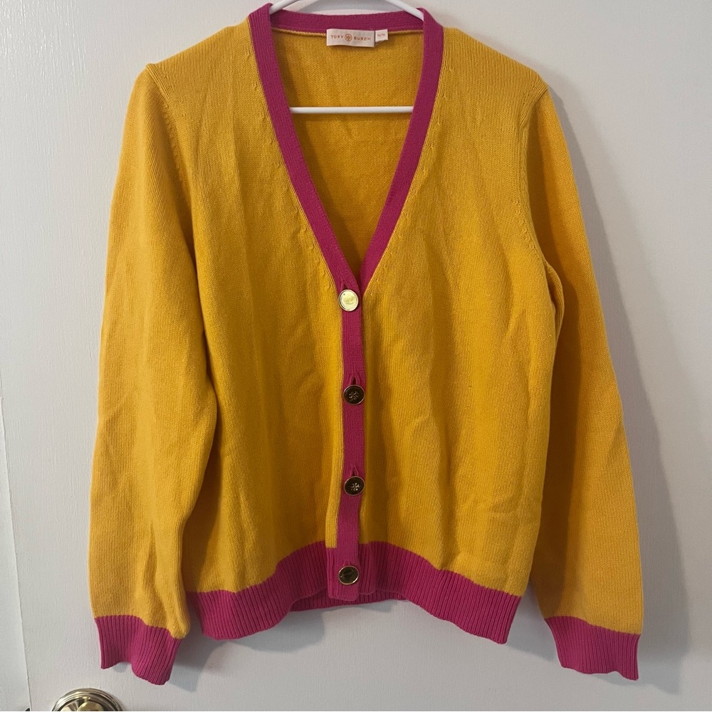 Tory Burch 100% Cashmere Colorblock Pink & Yellow Cardigan